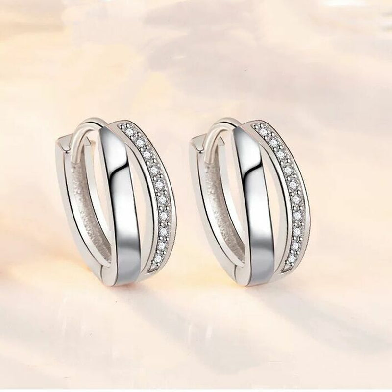 Crystal Huggie Hoop Double Layer Earrings 925 Sterling Silver Women Jewellery
